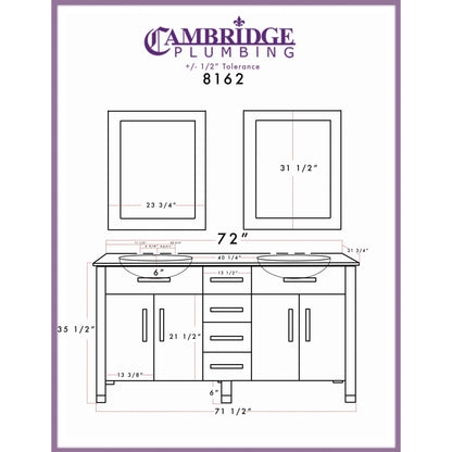 Cambridge Plumbing 72" Black Espresso Wood And Porcelain Vessel Sink Vanity Set Faucets, Supply Lines, Drains & Mirror With Polished Chrome Plumbing Finish