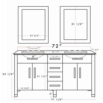 Cambridge Plumbing 72" Black Espresso Wood And Porcelain Vessel Sink Vanity Set Faucets, Supply Lines, Drains & Mirror With Polished Chrome Plumbing Finish