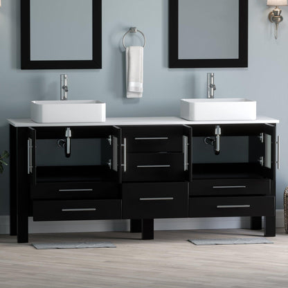 Cambridge Plumbing 72" Black Espresso Wood Double Vanity Set With Porcelain Countertop And Rectangular Vessel Sink With Polished Chrome Plumbing Finish