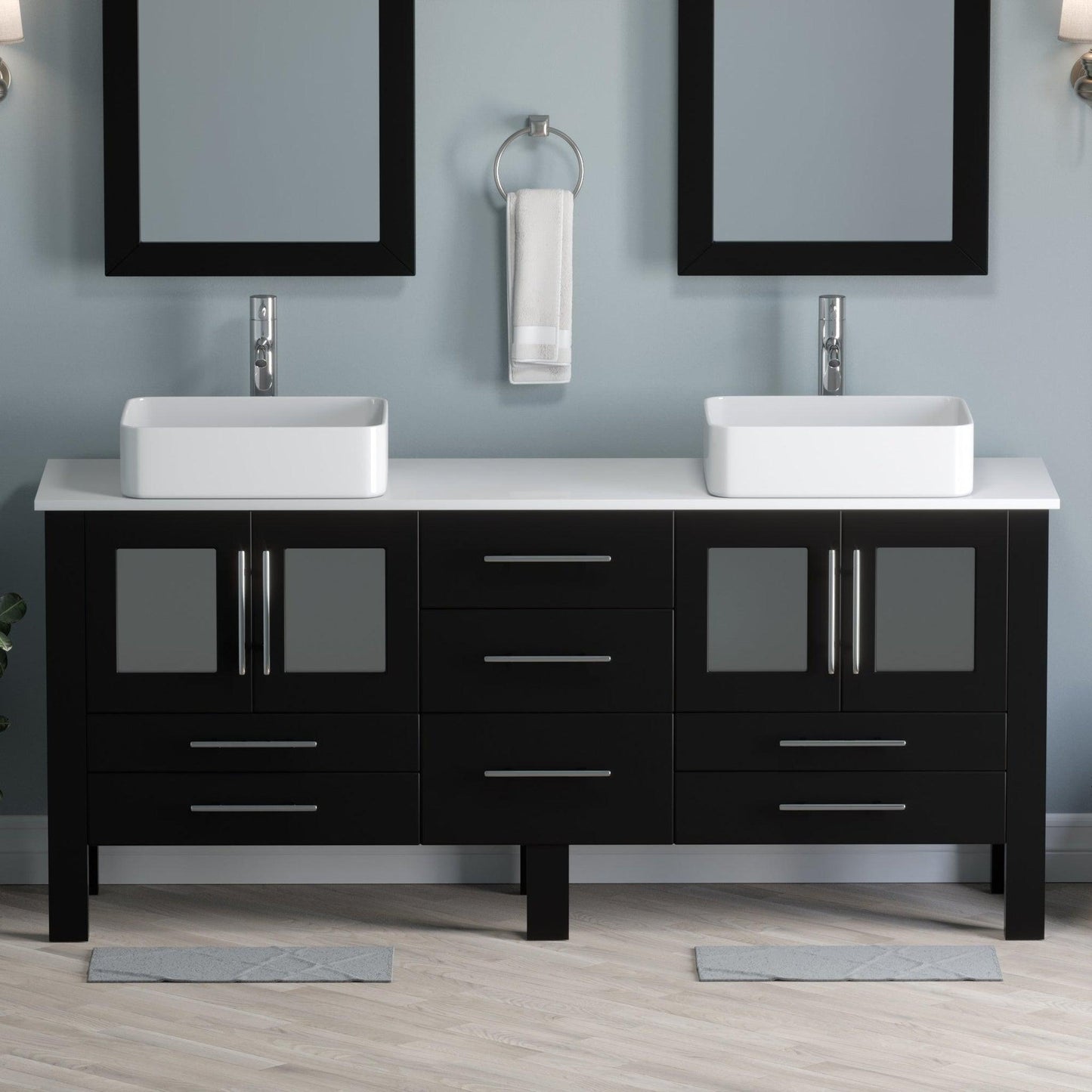 Cambridge Plumbing 72" Black Espresso Wood Double Vanity Set With Porcelain Countertop And Rectangular Vessel Sink With Polished Chrome Plumbing Finish