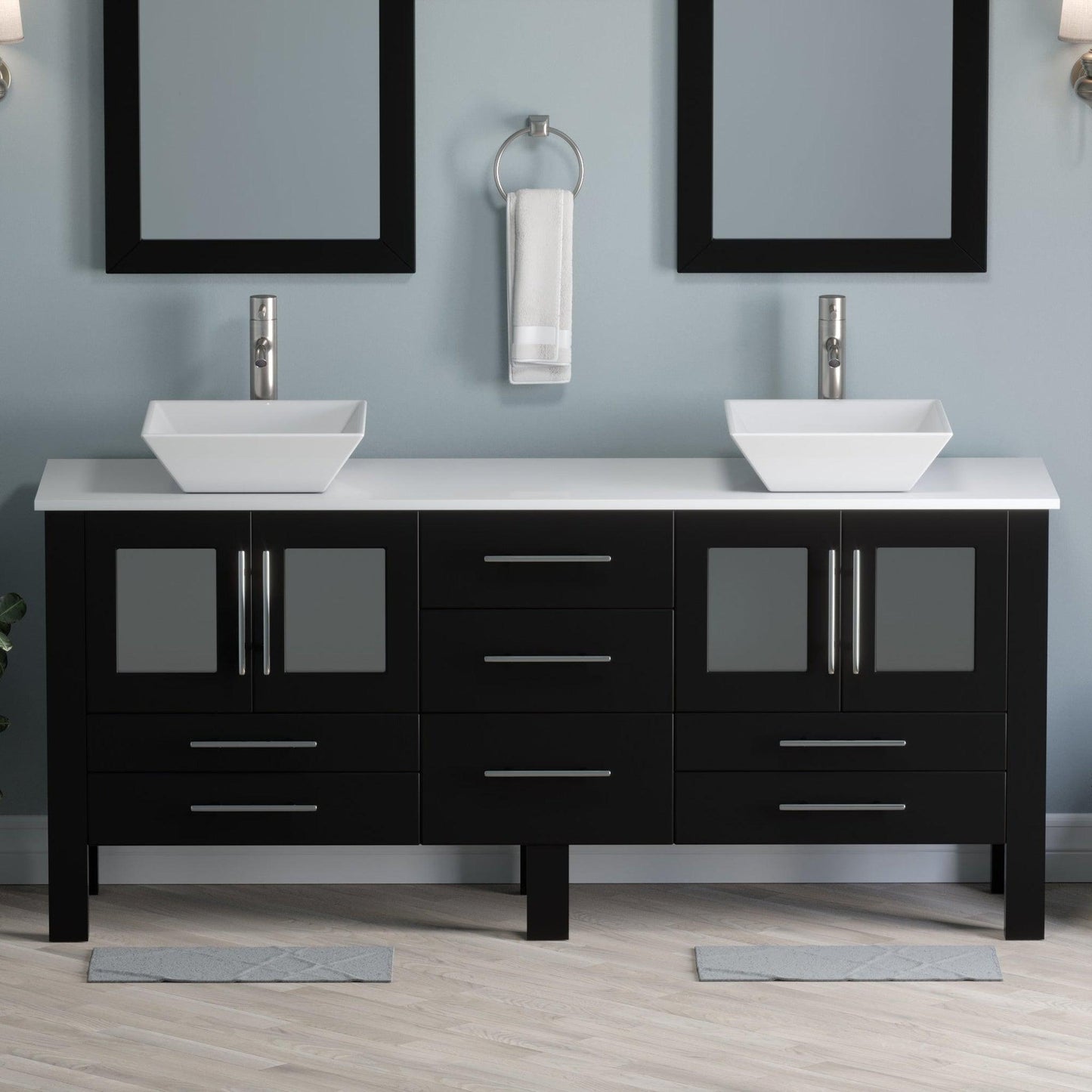 Cambridge Plumbing 72" Black Espresso Wood Double Vanity Set With Porcelain Countertop And Square Vessel Sink With Brushed Nickel Plumbing Finish