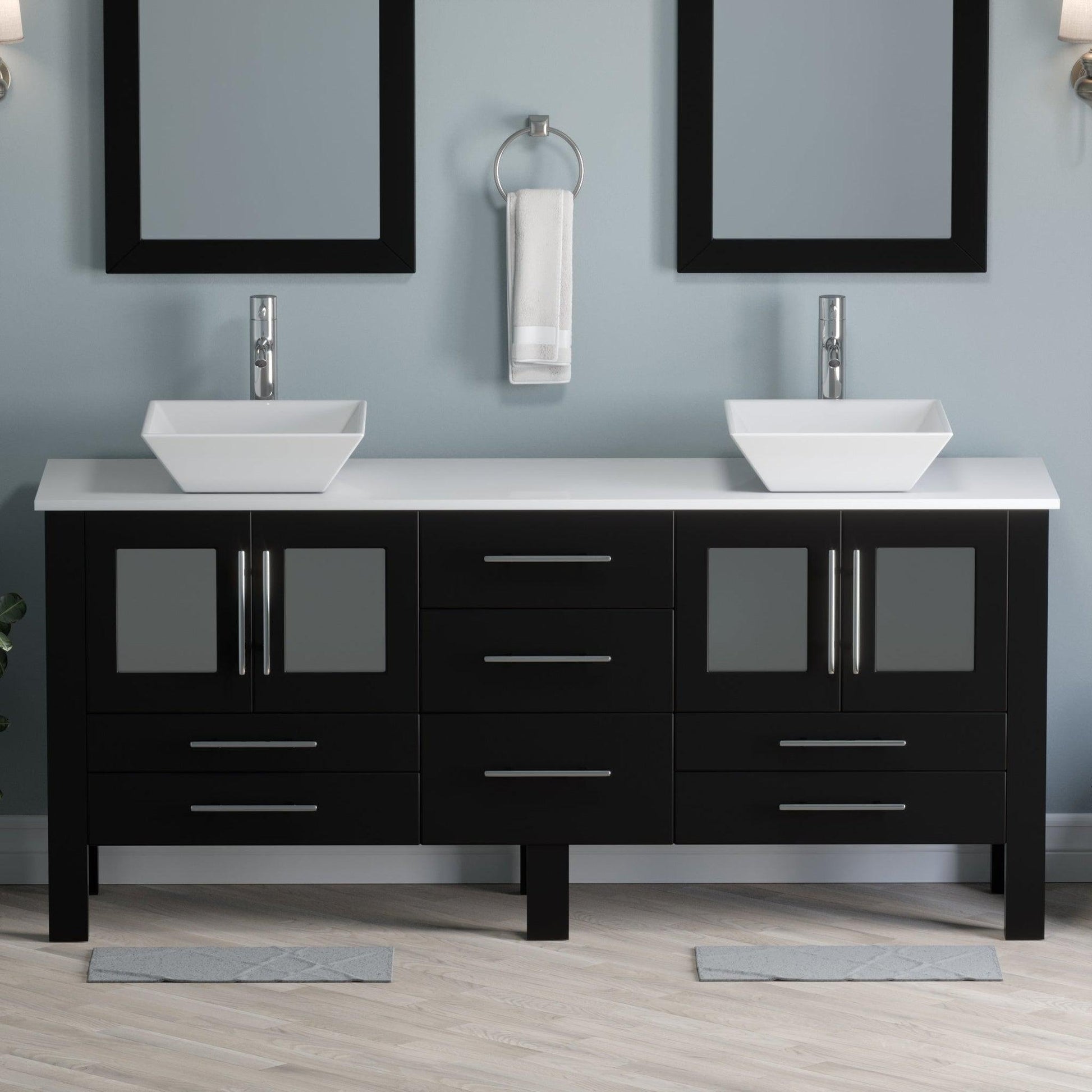 Cambridge Plumbing 72" Black Espresso Wood Double Vanity Set With Porcelain Countertop And Square Vessel Sink With Polished Chrome Plumbing Finish