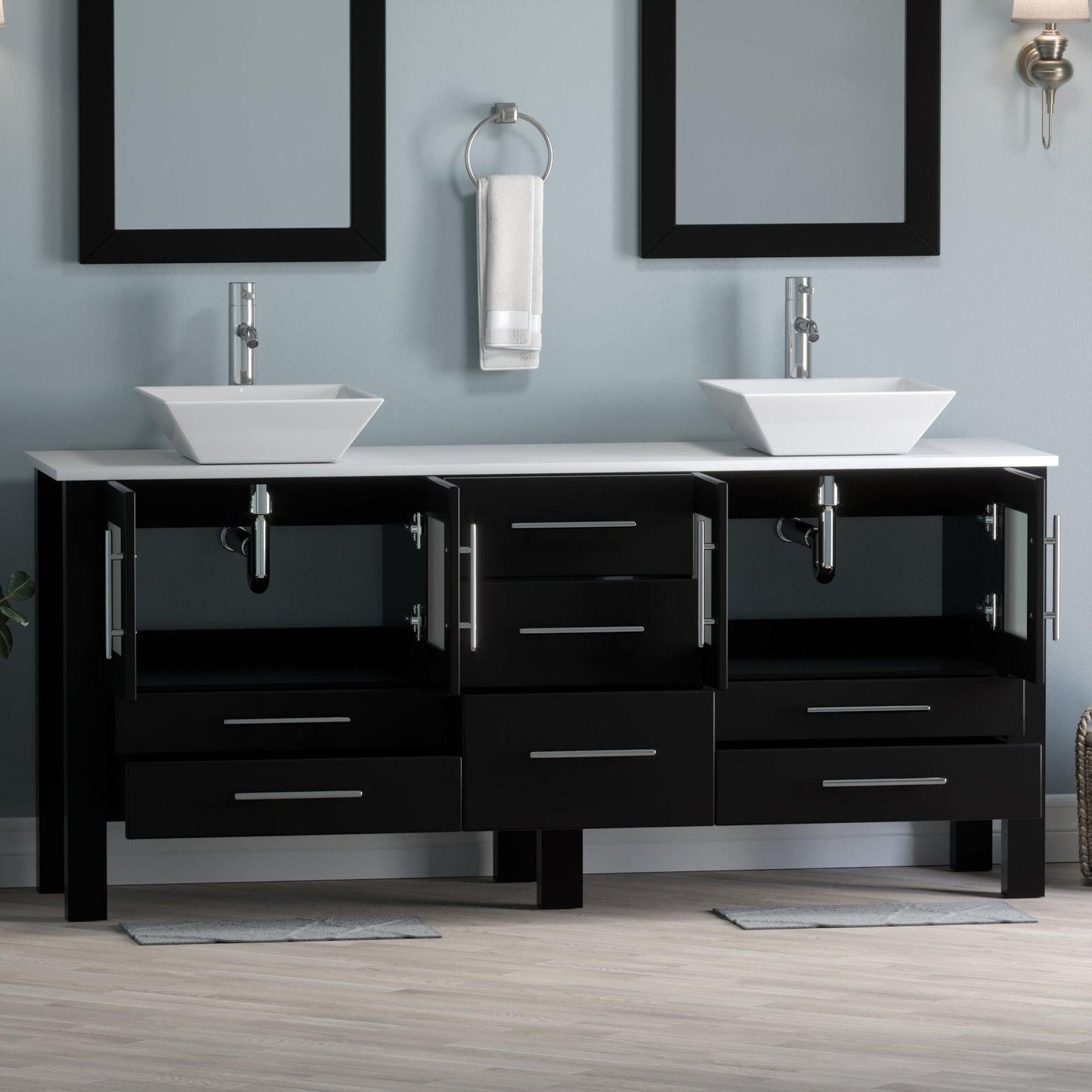 Cambridge Plumbing 72" Black Espresso Wood Double Vanity Set With Porcelain Countertop And Square Vessel Sink With Polished Chrome Plumbing Finish