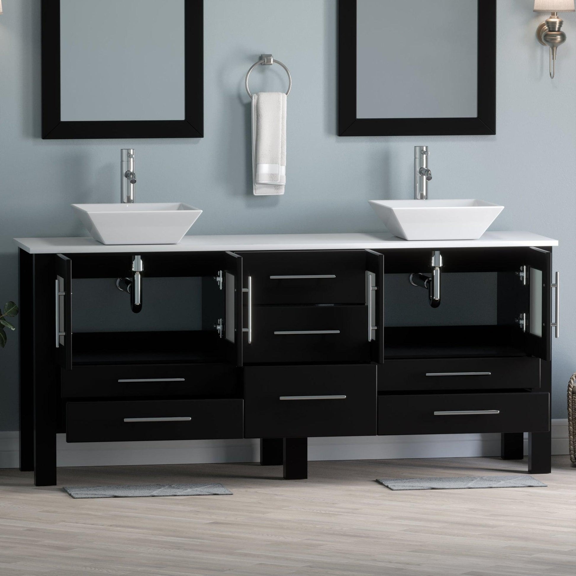 Cambridge Plumbing 72" Black Espresso Wood Double Vanity Set With Porcelain Countertop And Square Vessel Sink With Polished Chrome Plumbing Finish