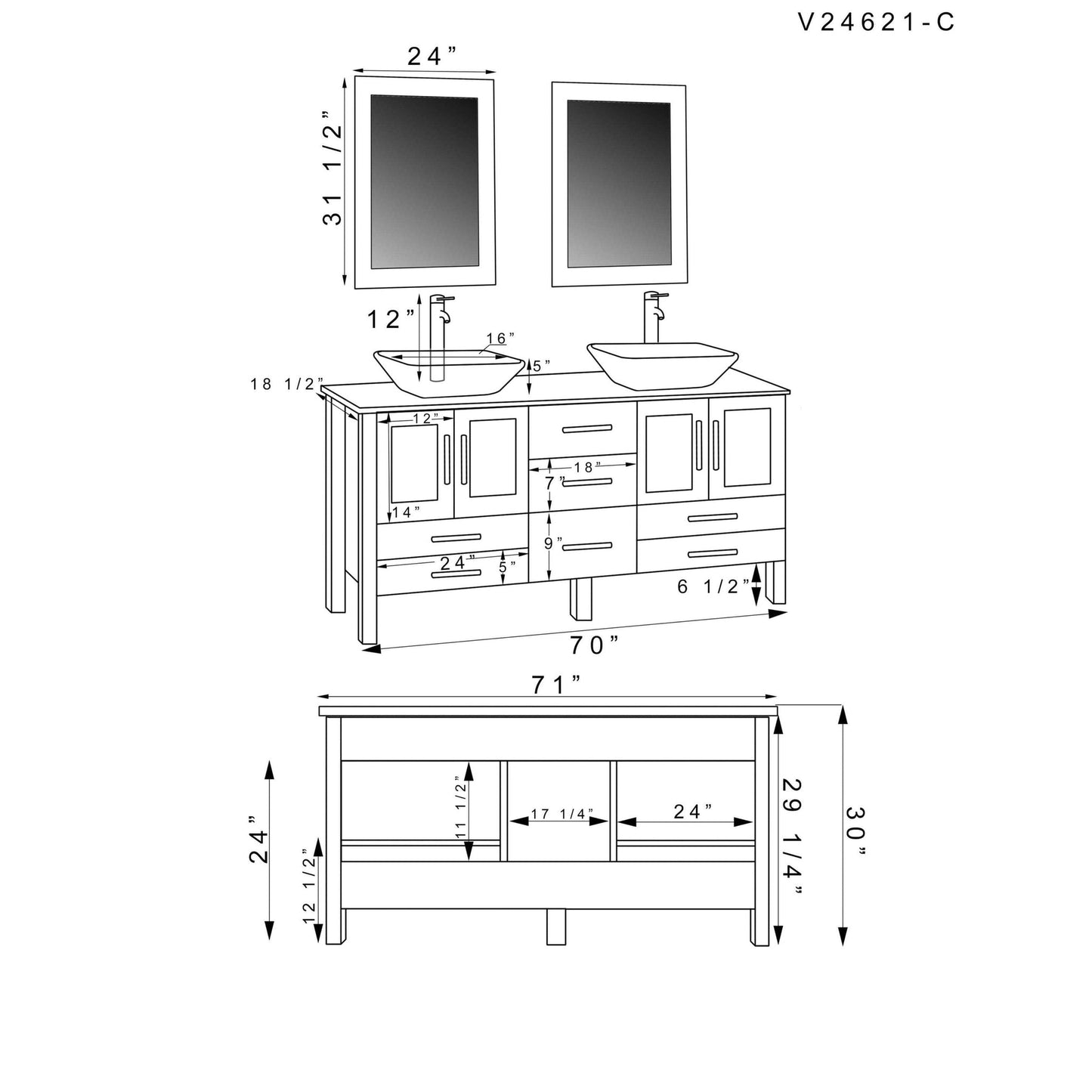 Cambridge Plumbing 72" Black Espresso Wood Double Vanity Set With Porcelain Countertop And Square Vessel Sink With Polished Chrome Plumbing Finish