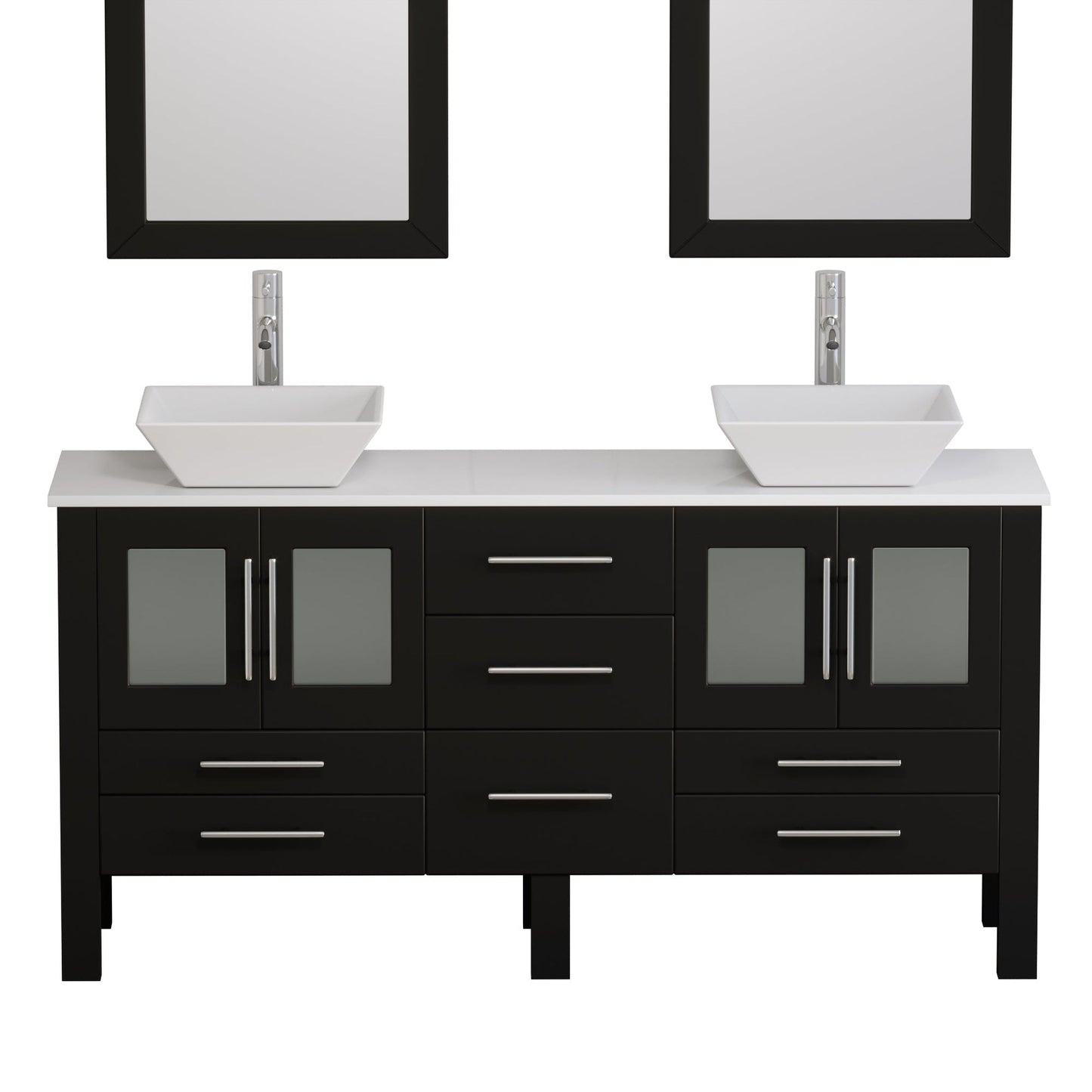 Cambridge Plumbing 72" Black Espresso Wood Double Vanity Set With Porcelain Countertop And Square Vessel Sink With Polished Chrome Plumbing Finish
