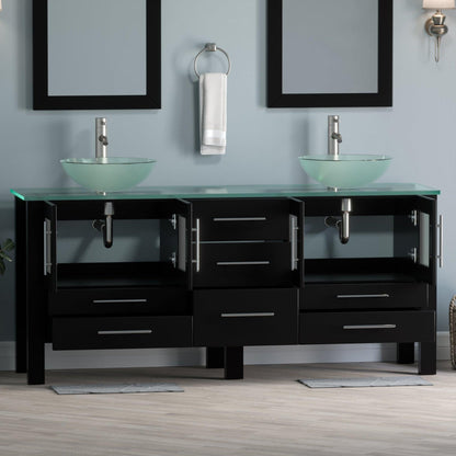 Cambridge Plumbing 72" Black Espresso Wood Double Vanity Set With Tempered Glass Countertop And Circular Vessel Sink With Brushed Nickel Plumbing Finish
