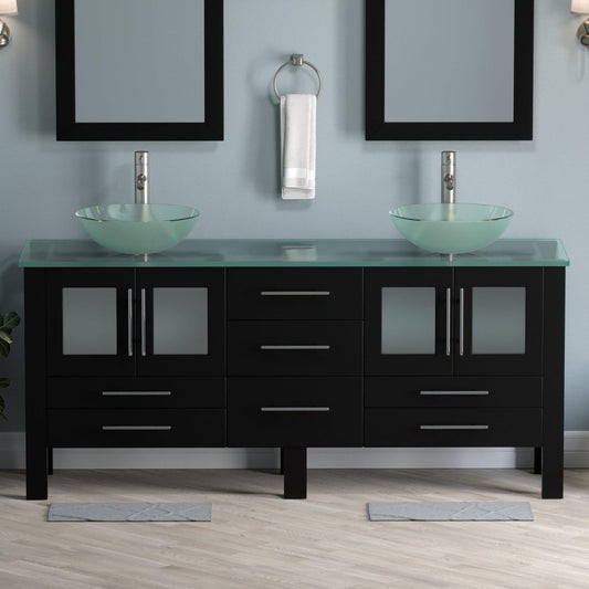 Cambridge Plumbing 72" Black Espresso Wood Double Vanity Set With Tempered Glass Countertop And Circular Vessel Sink With Brushed Nickel Plumbing Finish