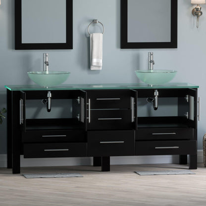 Cambridge Plumbing 72" Black Espresso Wood Double Vanity Set With Tempered Glass Countertop And Circular Vessel Sink With Polished Chrome Plumbing Finish