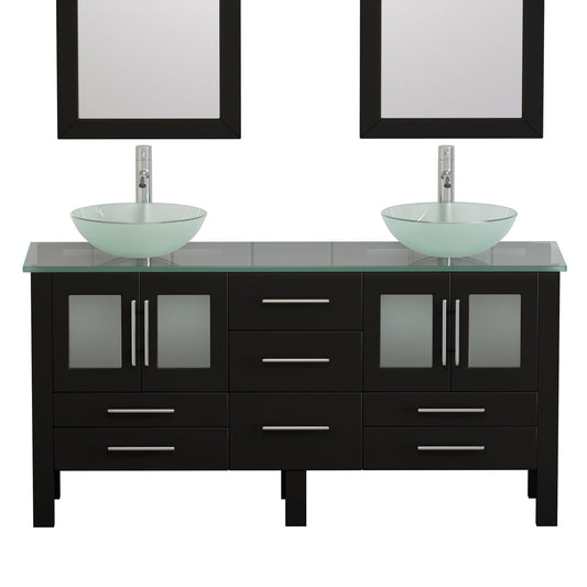 Cambridge Plumbing 72" Black Espresso Wood Double Vanity Set With Tempered Glass Countertop And Circular Vessel Sink With Polished Chrome Plumbing Finish