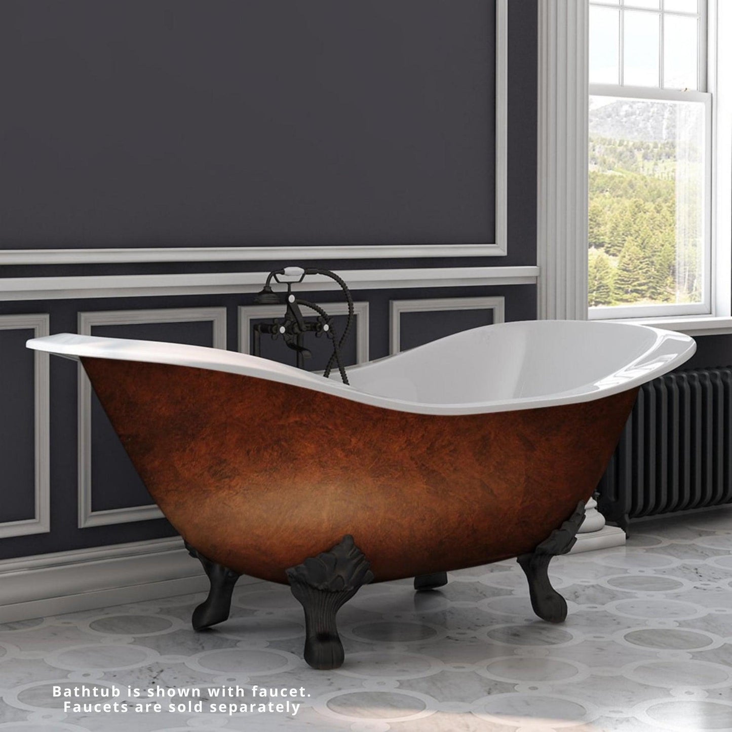 Cambridge Plumbing 72" Cast Iron Double Slipper Copper Bronze Clawfoot Bathtub With Deck Holes With Oil Rubbed Bronze Lion’s Paw Feet