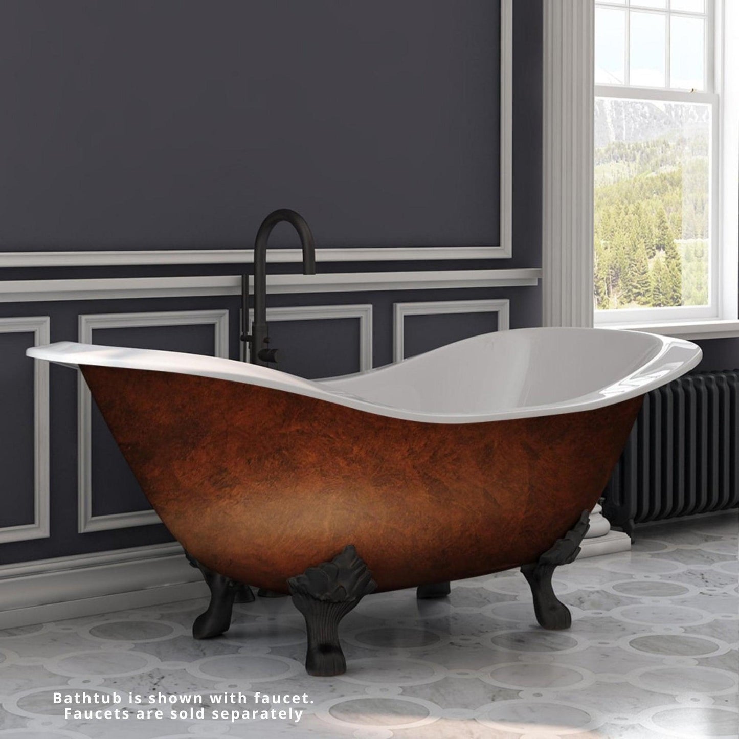Cambridge Plumbing 72" Cast Iron Double Slipper Copper Bronze Clawfoot Bathtub With No Faucet Holes With Oil Rubbed Bronze Lion’s Paw Feet