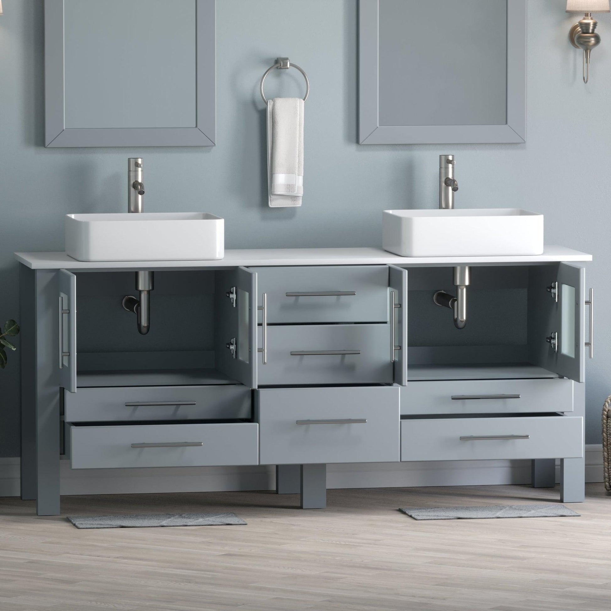 Cambridge Plumbing 72" Gray Wood Double Vanity Set With Porcelain Countertop And Rectangular Vessel Sink With Brushed Nickel Plumbing Finish