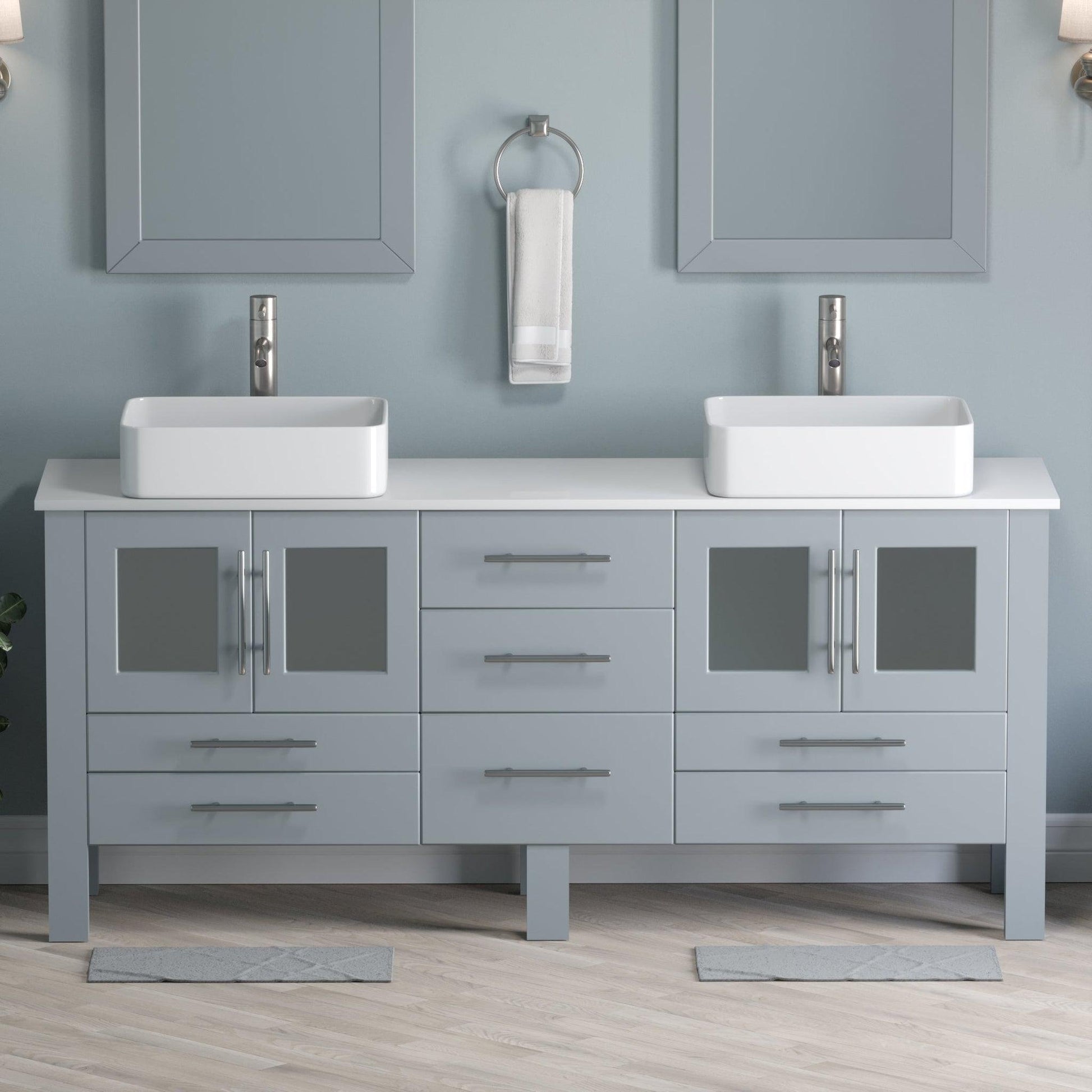 Cambridge Plumbing 72" Gray Wood Double Vanity Set With Porcelain Countertop And Rectangular Vessel Sink With Brushed Nickel Plumbing Finish