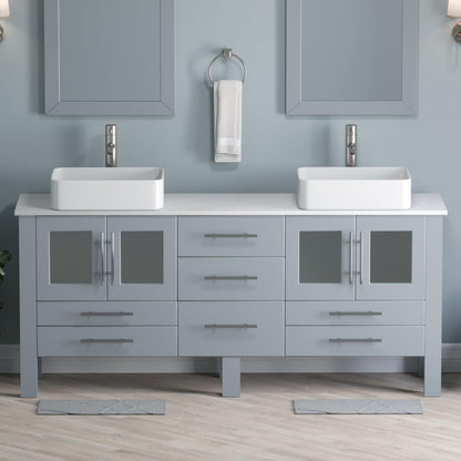 Cambridge Plumbing 72" Gray Wood Double Vanity Set With Porcelain Countertop And Rectangular Vessel Sink With Brushed Nickel Plumbing Finish