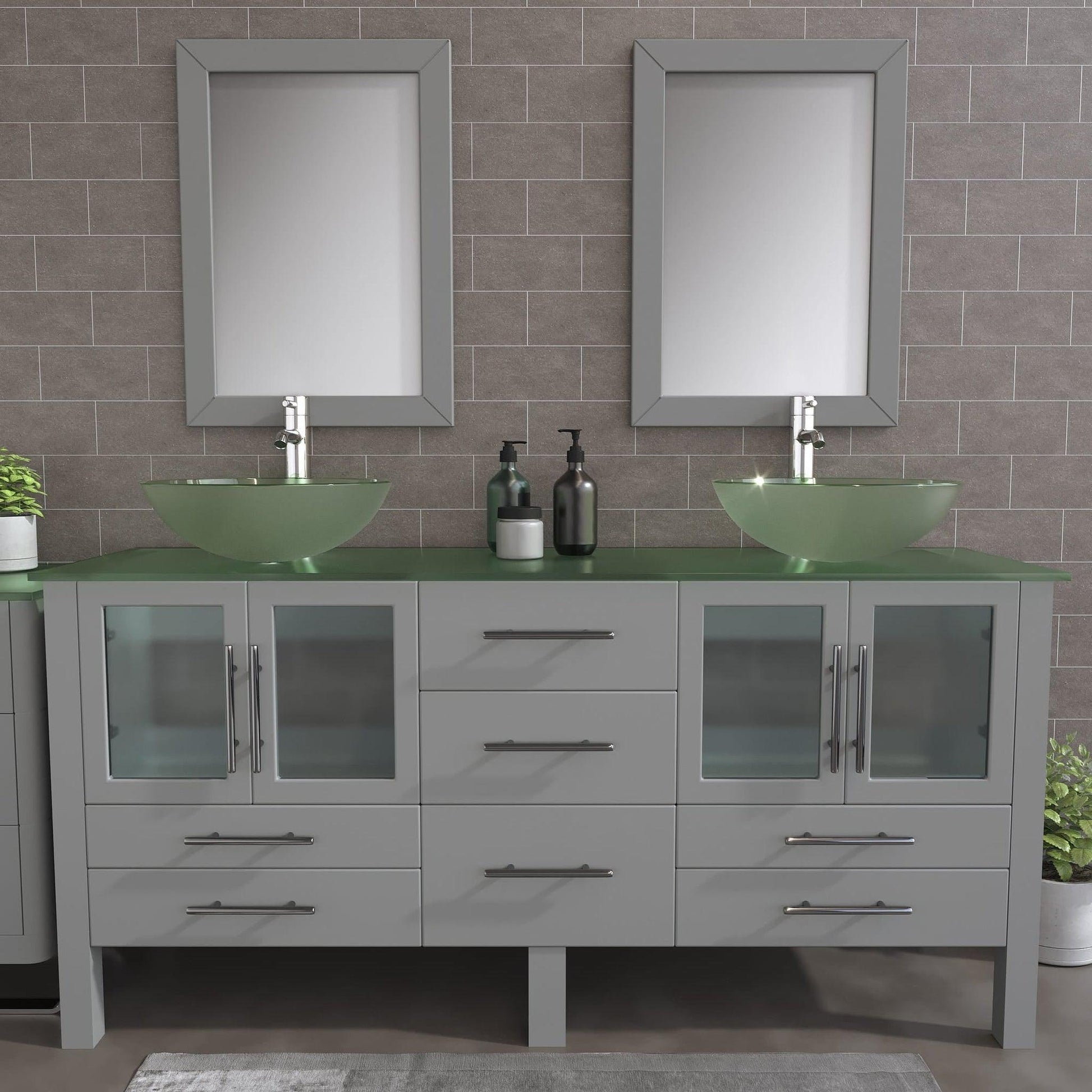 Cambridge Plumbing 72" Gray Wood Double Vanity Set With Tempered Glass Countertop And Circular Vessel Sink With Brushed Nickel Plumbing Finish