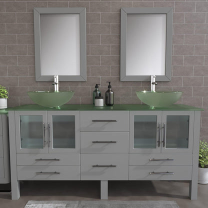 Cambridge Plumbing 72" Gray Wood Double Vanity Set With Tempered Glass Countertop And Circular Vessel Sink With Polished Chrome Plumbing Finish