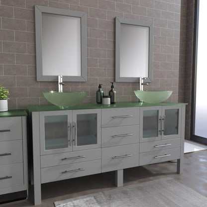 Cambridge Plumbing 72" Gray Wood Double Vanity Set With Tempered Glass Countertop And Circular Vessel Sink With Polished Chrome Plumbing Finish