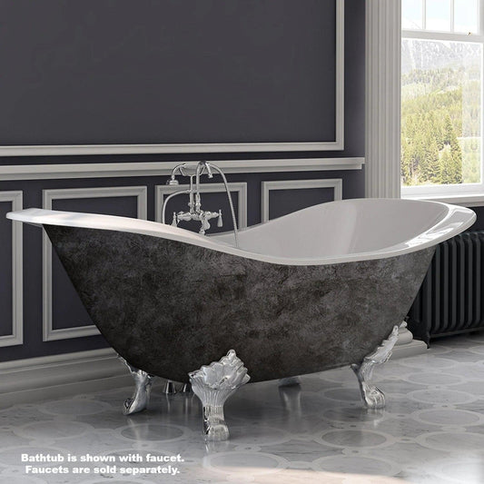 Cambridge Plumbing 72" Scorched Platinum Cast Iron Double Slipper Clawfoot Bathtub With Deck Holes With Polished Chrome Lion's Paw Feet