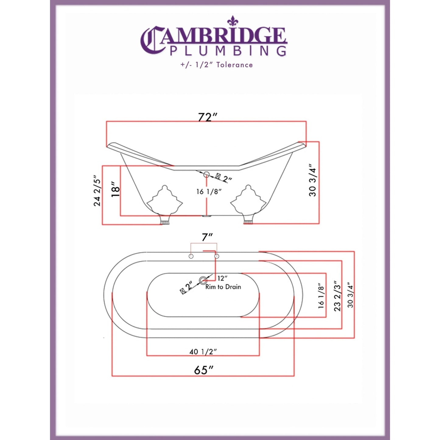 Cambridge Plumbing 72" White Cast Iron Double Slipper Clawfoot Bathtub With Deck Holes With Brushed Nickel Lion’s Paw Feet