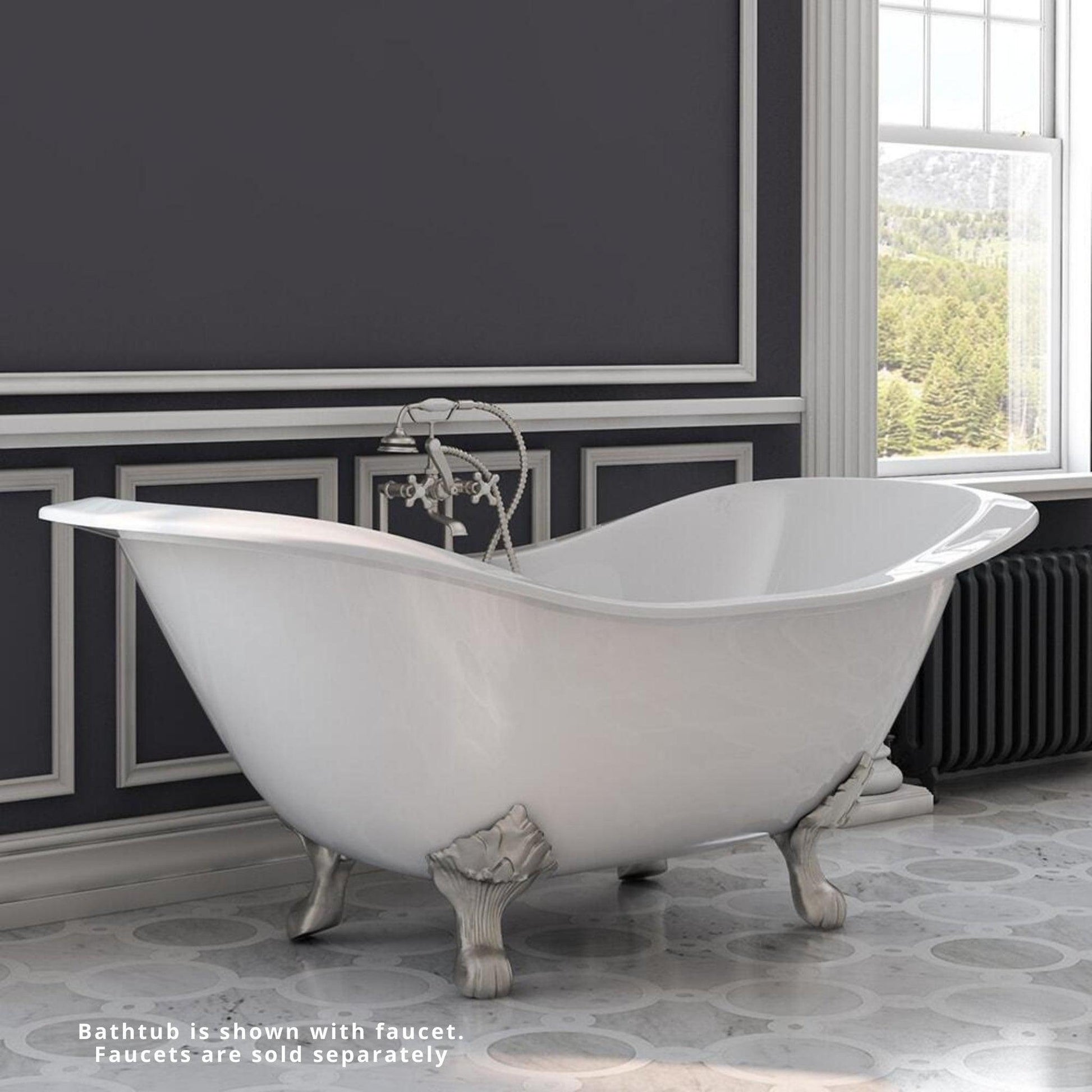 Cambridge Plumbing 72" White Cast Iron Double Slipper Clawfoot Bathtub With Deck Holes With Brushed Nickel Lion’s Paw Feet