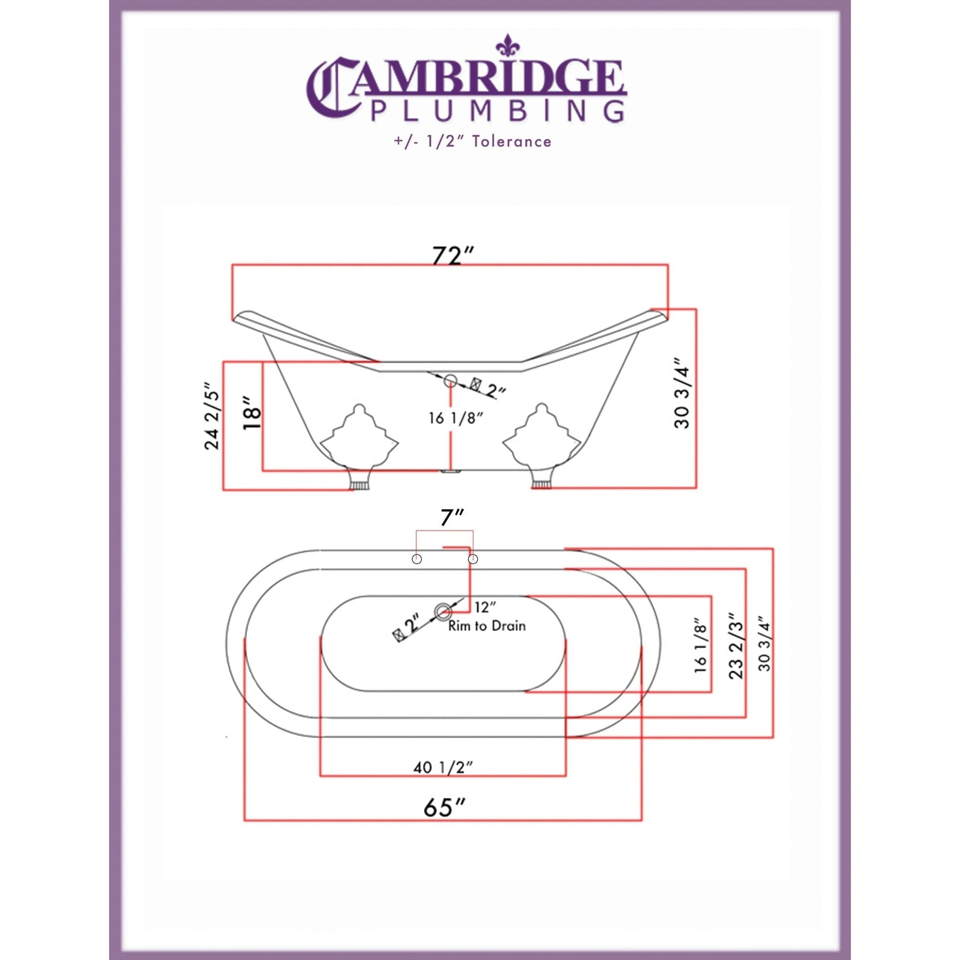 Cambridge Plumbing 72" White Cast Iron Double Slipper Clawfoot Bathtub With Deck Holes With Oil Rubbed Bronze Lion’s Paw Feet