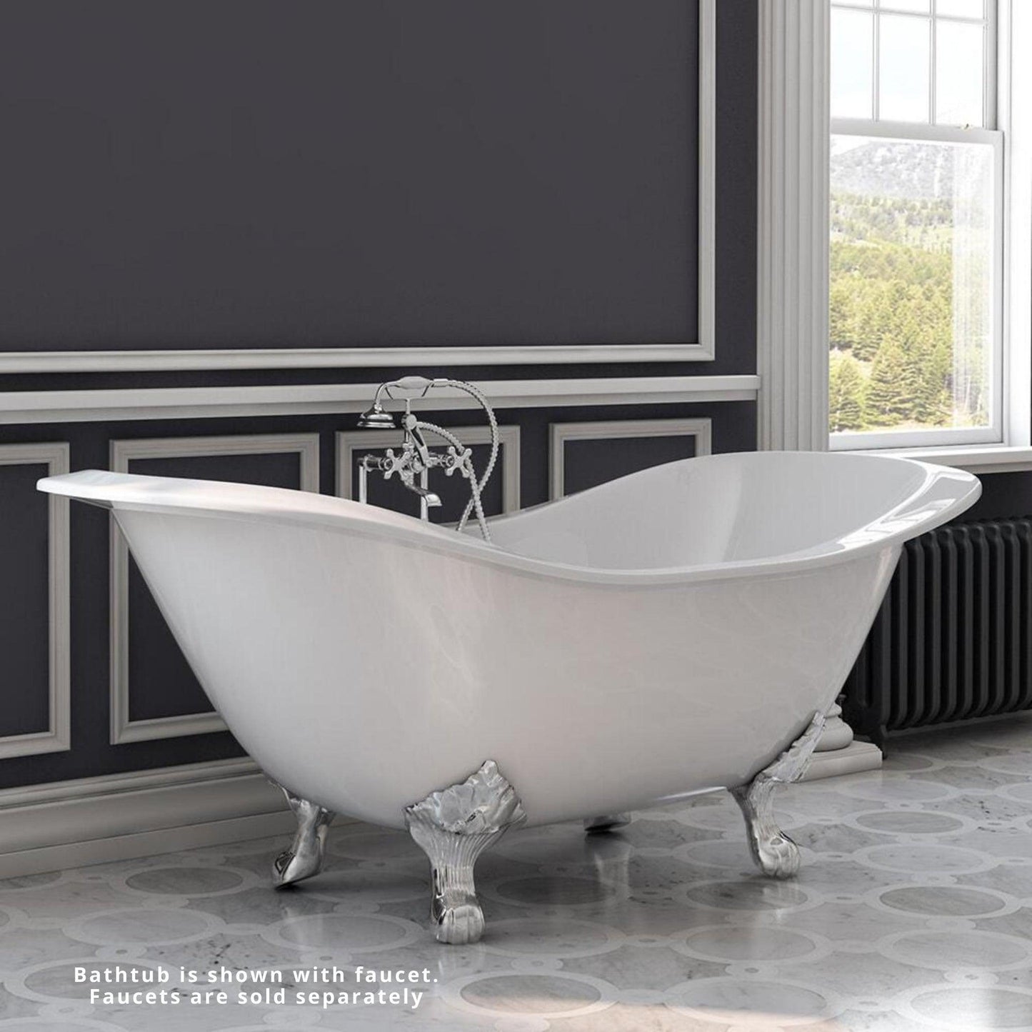 Cambridge Plumbing 72" White Cast Iron Double Slipper Clawfoot Bathtub With Deck Holes With Polished Chrome Lion’s Paw Feet