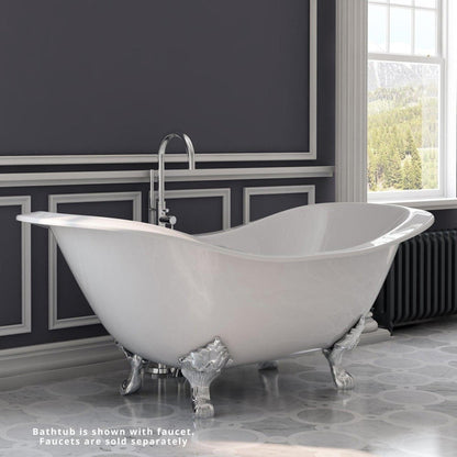 Cambridge Plumbing 72" White Cast Iron Double Slipper Clawfoot Bathtub With No Deck Holes With Polished Chrome Lion’s Paw Feet