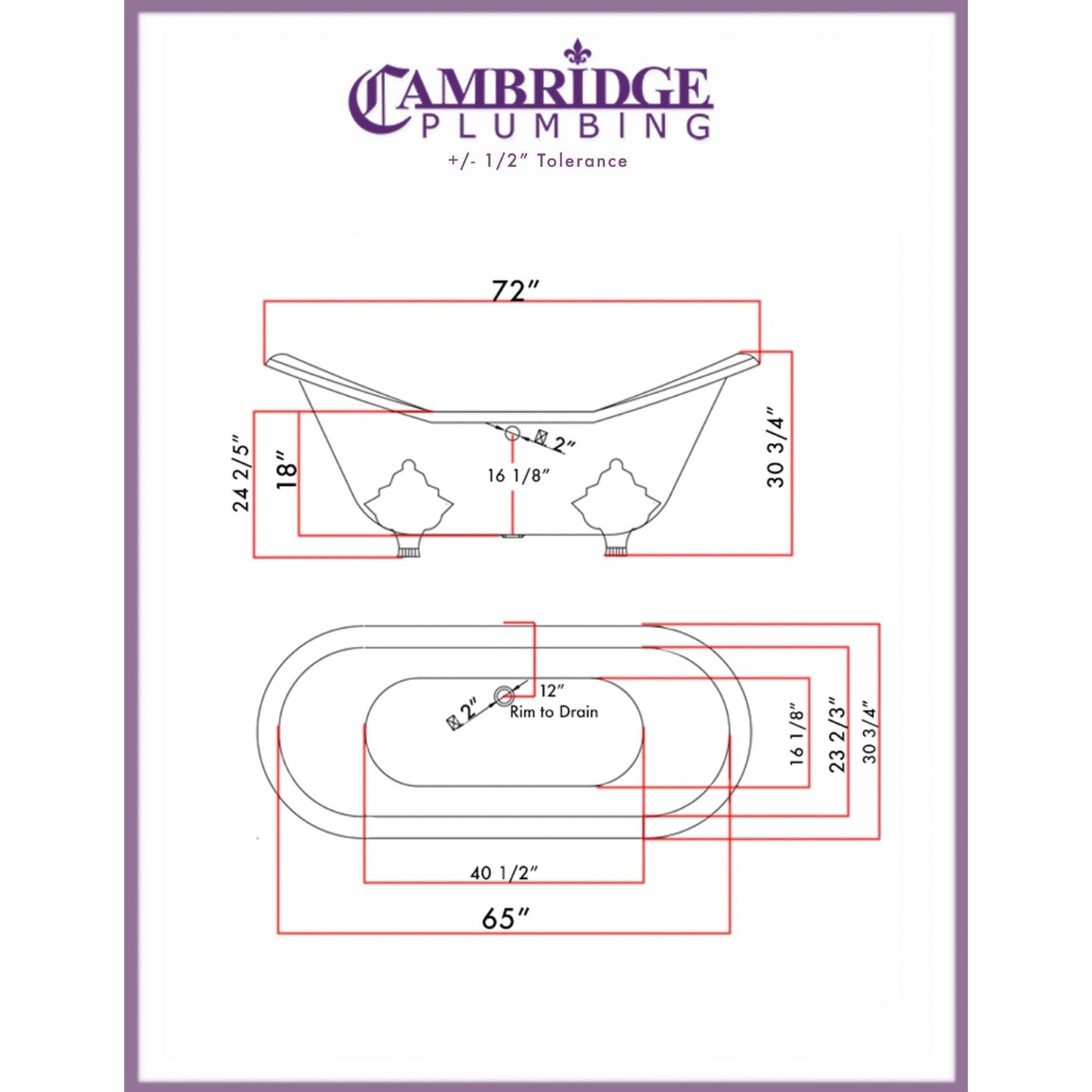 Cambridge Plumbing 72" White Cast Iron Double Slipper Clawfoot Bathtub With No Faucet Holes With Brushed Nickel Lion’s Paw Feet