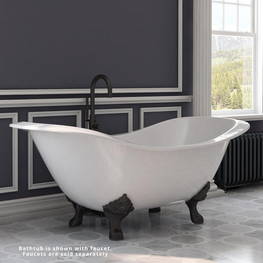 Cambridge Plumbing 72" White Cast Iron Double Slipper Clawfoot Bathtub With No Faucet Holes With Oil Rubbed Bronze Lion’s Paw Feet