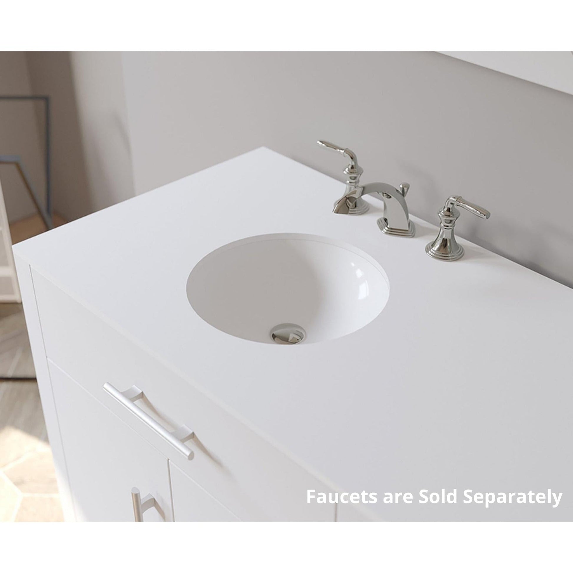 Cambridge Plumbing 72" White Wood Double Vanity Set With Porcelain Countertop And Porcelain Circular Drop in Sink With Brushed Chrome Cabinet Hardware