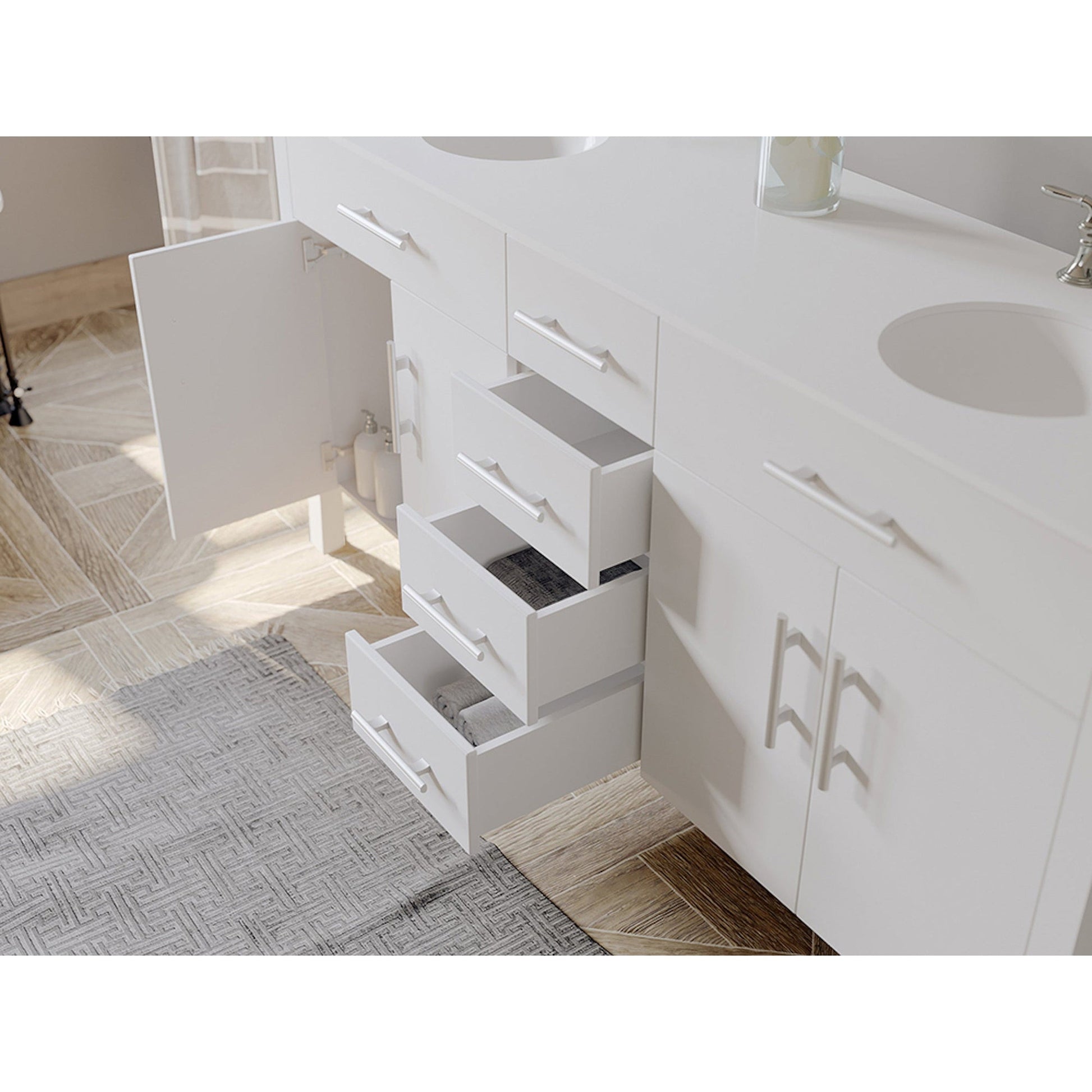 Cambridge Plumbing 72" White Wood Double Vanity Set With Porcelain Countertop And Porcelain Circular Drop in Sink With Brushed Chrome Cabinet Hardware