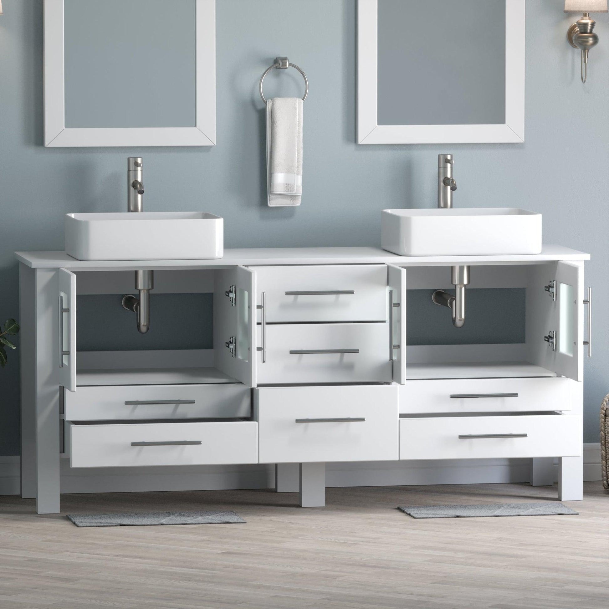 Cambridge Plumbing 72" White Wood Double Vanity Set With Porcelain Countertop And Rectangular Vessel Sink With Brushed Nickel Plumbing Finish