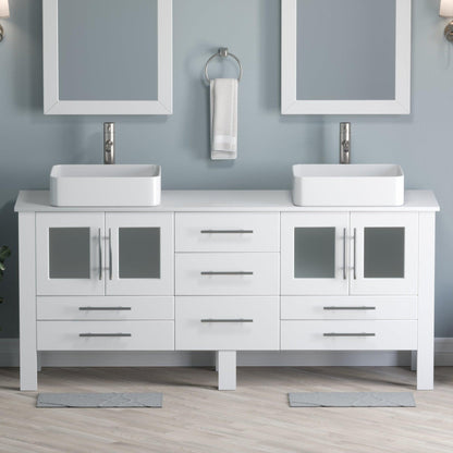 Cambridge Plumbing 72" White Wood Double Vanity Set With Porcelain Countertop And Rectangular Vessel Sink With Brushed Nickel Plumbing Finish