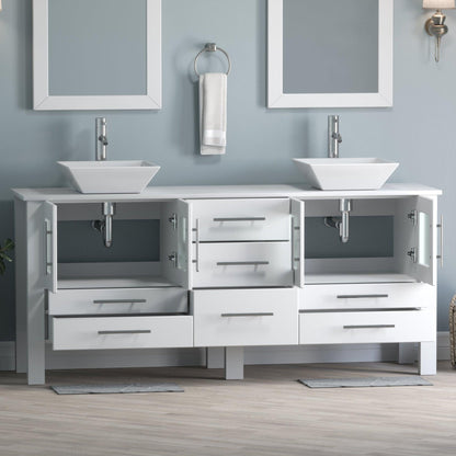 Cambridge Plumbing 72" White Wood Double Vanity Set With Porcelain Countertop And Square Vessel Sink With Polished Chrome Plumbing Finish