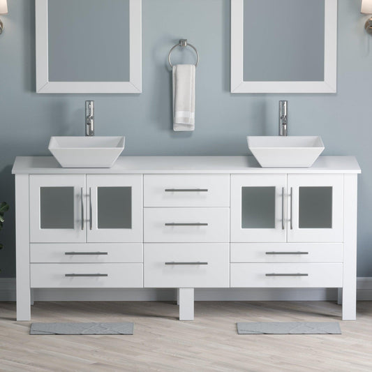 Cambridge Plumbing 72" White Wood Double Vanity Set With Porcelain Countertop And Square Vessel Sink With Polished Chrome Plumbing Finish