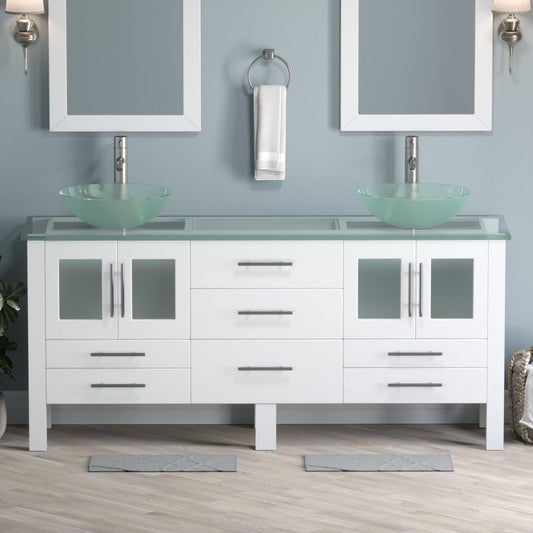 Cambridge Plumbing 72" White Wood Double Vanity Set With Tempered Glass Countertop And Circular Vessel Sink With Brushed Nickel Plumbing Finish