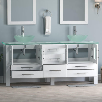 Cambridge Plumbing 72" White Wood Double Vanity Set With Tempered Glass Countertop And Circular Vessel Sink With Polished Chrome Plumbing Finish