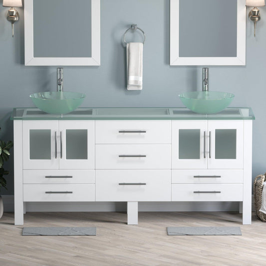 Cambridge Plumbing 72" White Wood Double Vanity Set With Tempered Glass Countertop And Circular Vessel Sink With Polished Chrome Plumbing Finish