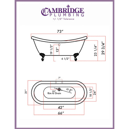 Cambridge Plumbing 73" Hand Painted Copper Bronze Double Slipper Clawfoot Acrylic Bathtub With Deck Holes With Oil Rubbed Bronze Feet