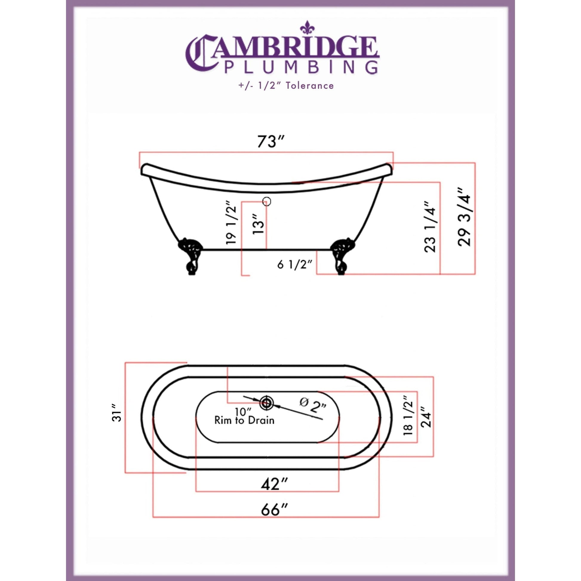 Cambridge Plumbing 73" Hand Painted Copper Bronze Double Slipper Clawfoot Acrylic Bathtub With No Faucet Holes With Oil Rubbed Bronze Clawfeet