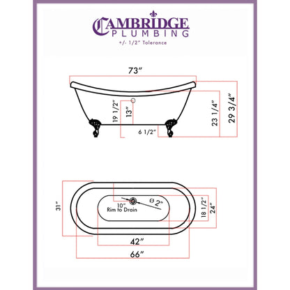 Cambridge Plumbing 73" Hand Painted Copper Bronze Double Slipper Clawfoot Acrylic Bathtub With No Faucet Holes With Oil Rubbed Bronze Clawfeet