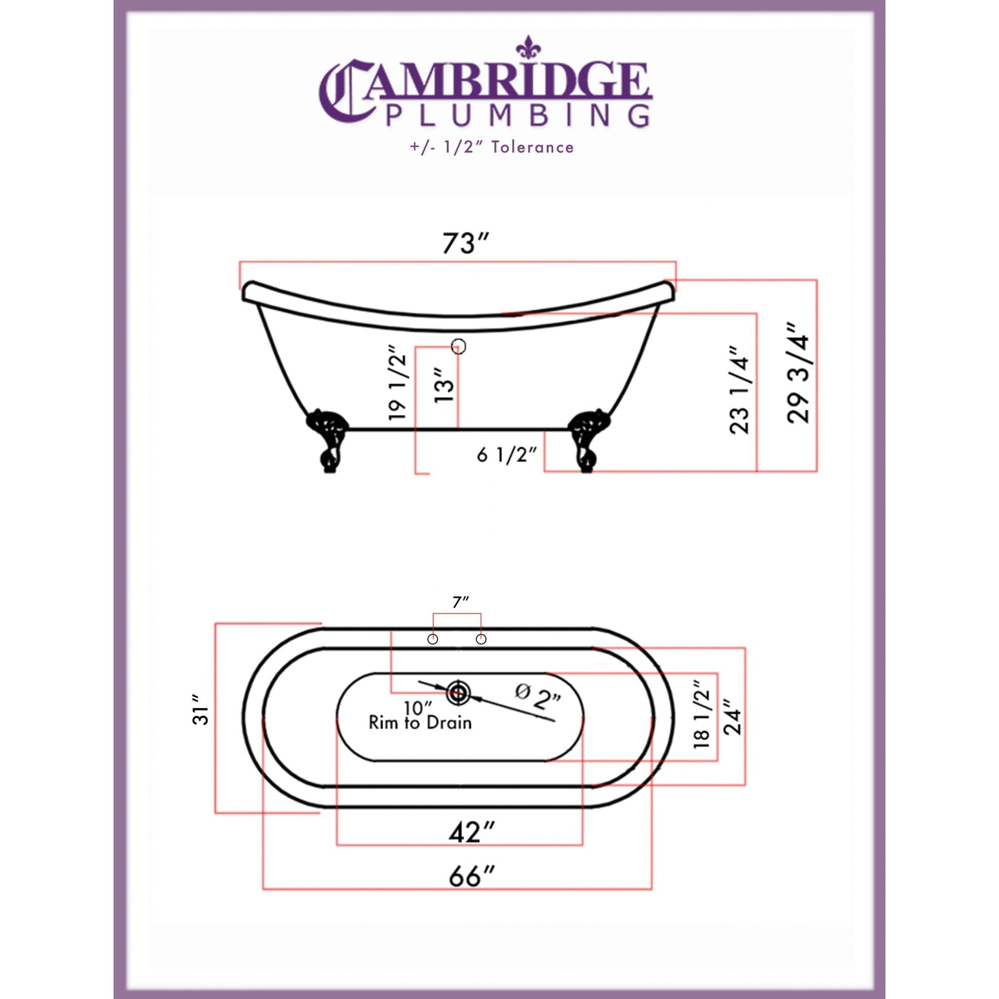 Cambridge Plumbing 73" Hand Painted Scorched Platinum Double Slipper Clawfoot Acrylic Bathtub With Deck Holes With Polished Chrome Clawfeet
