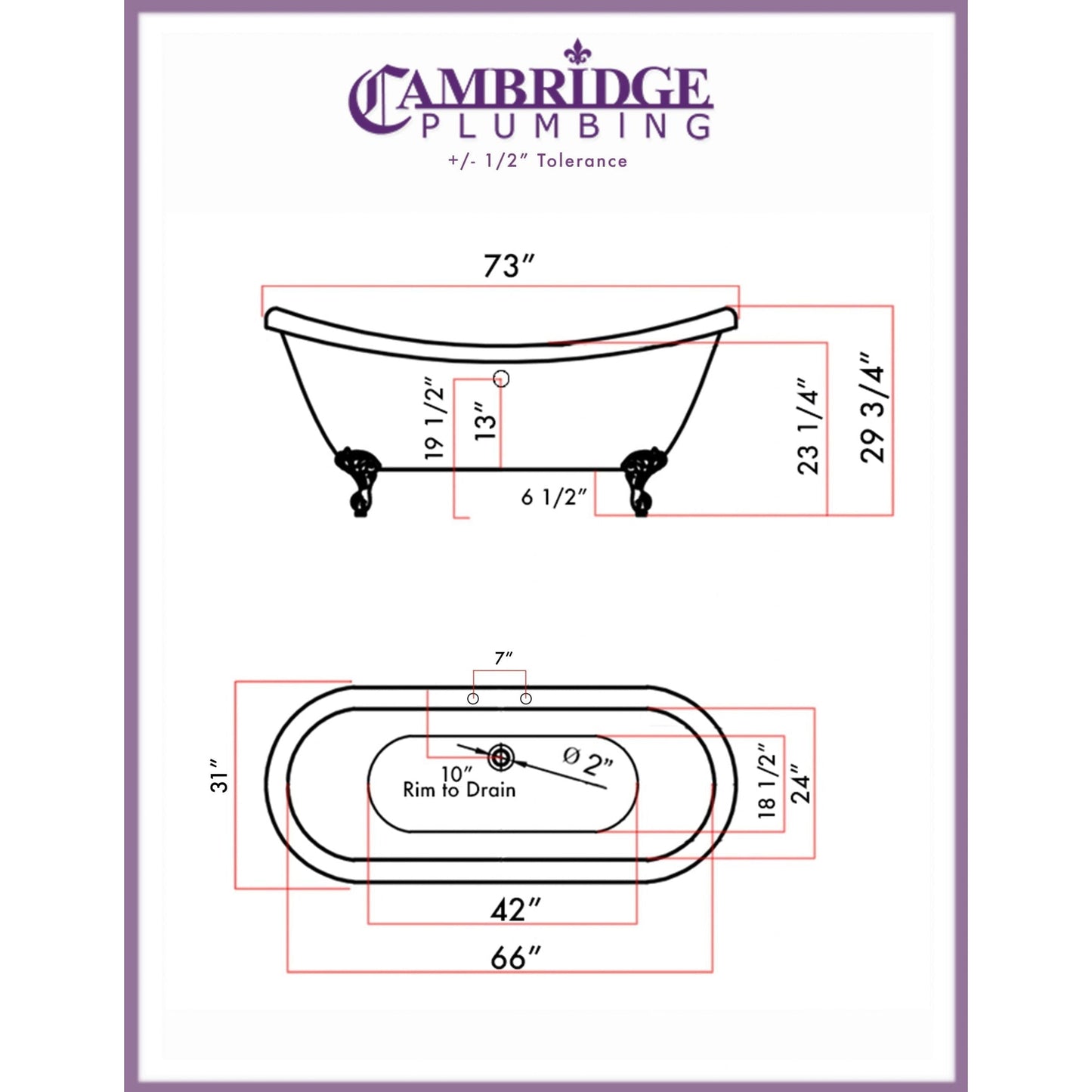 Cambridge Plumbing 73" White Double Slipper Clawfoot Acrylic Bathtub With Deck Holes With Brushed Nickel Clawfeet