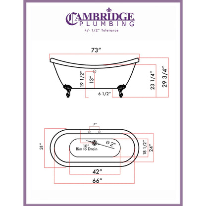 Cambridge Plumbing 73" White Double Slipper Clawfoot Acrylic Bathtub With Deck Holes With Brushed Nickel Clawfeet