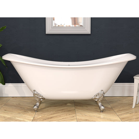 Cambridge Plumbing 73" White Double Slipper Clawfoot Acrylic Bathtub With Deck Holes With Brushed Nickel Clawfeet