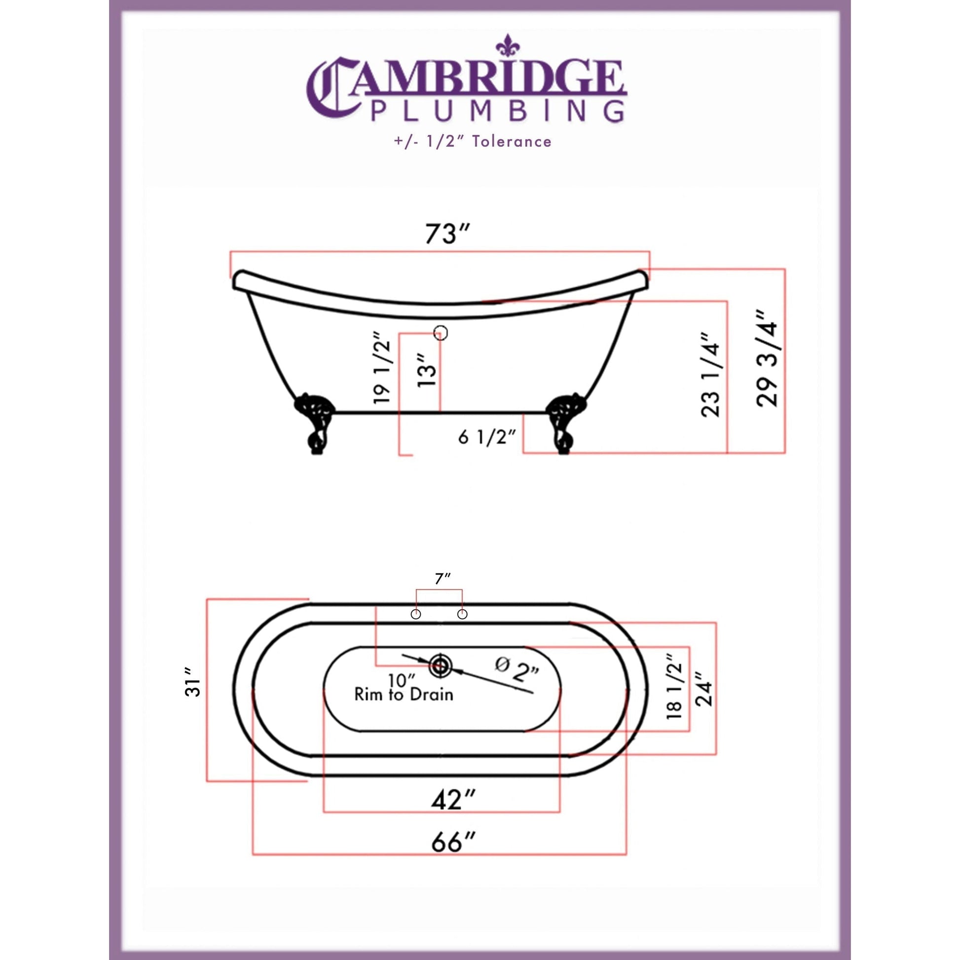 Cambridge Plumbing 73" White Double Slipper Clawfoot Acrylic Bathtub With Deck Holes With Oil Rubbed Bronze Clawfeet