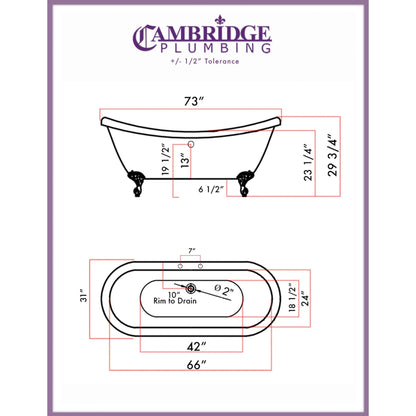 Cambridge Plumbing 73" White Double Slipper Clawfoot Acrylic Bathtub With Deck Holes With Oil Rubbed Bronze Clawfeet