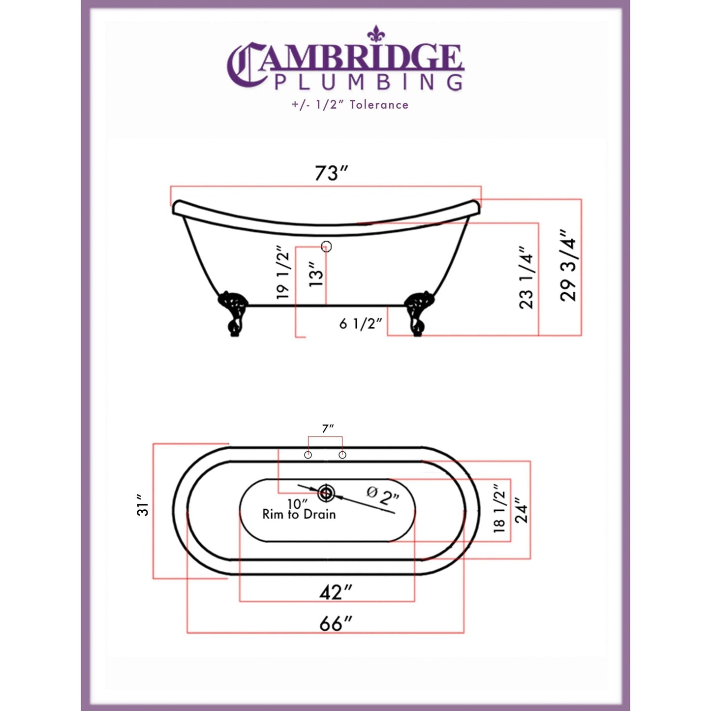 Cambridge Plumbing 73" White Double Slipper Clawfoot Acrylic Bathtub With Deck Holes With Polished Chrome Clawfeet