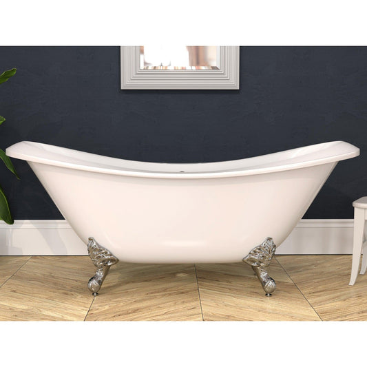 Cambridge Plumbing 73" White Double Slipper Clawfoot Acrylic Bathtub With Deck Holes With Polished Chrome Clawfeet